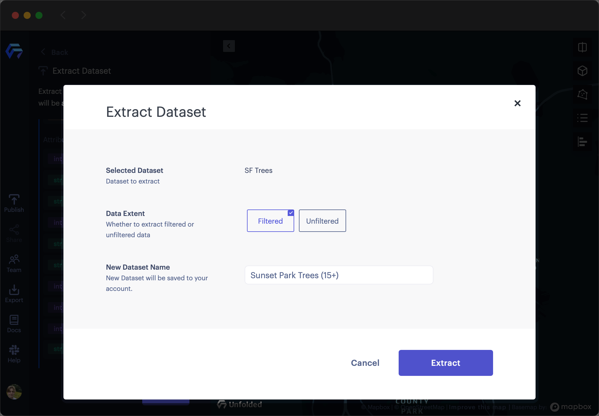 Selecting filtered data, then naming the new dataset.