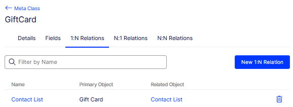 Meta Class detail page with the New 1:N Relation action