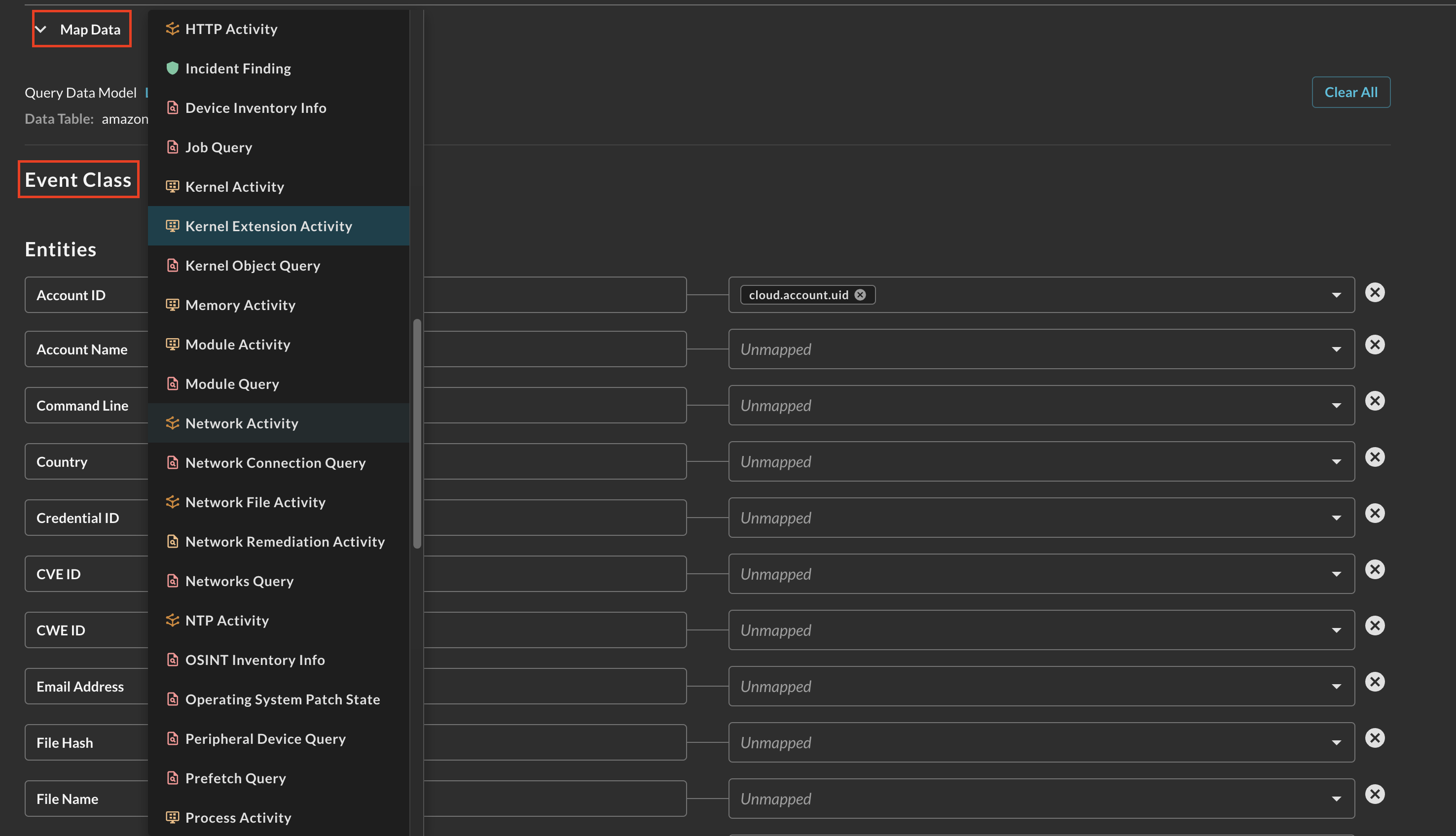 FIG. 11 - Selecting an Event Class within the Configure Schema Map Data section