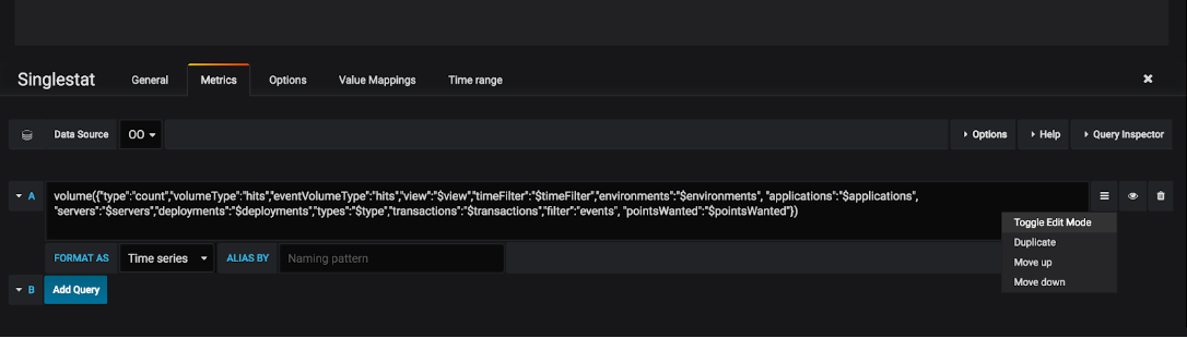 Using the Grafana widget editor to invoke an OverOps query function.