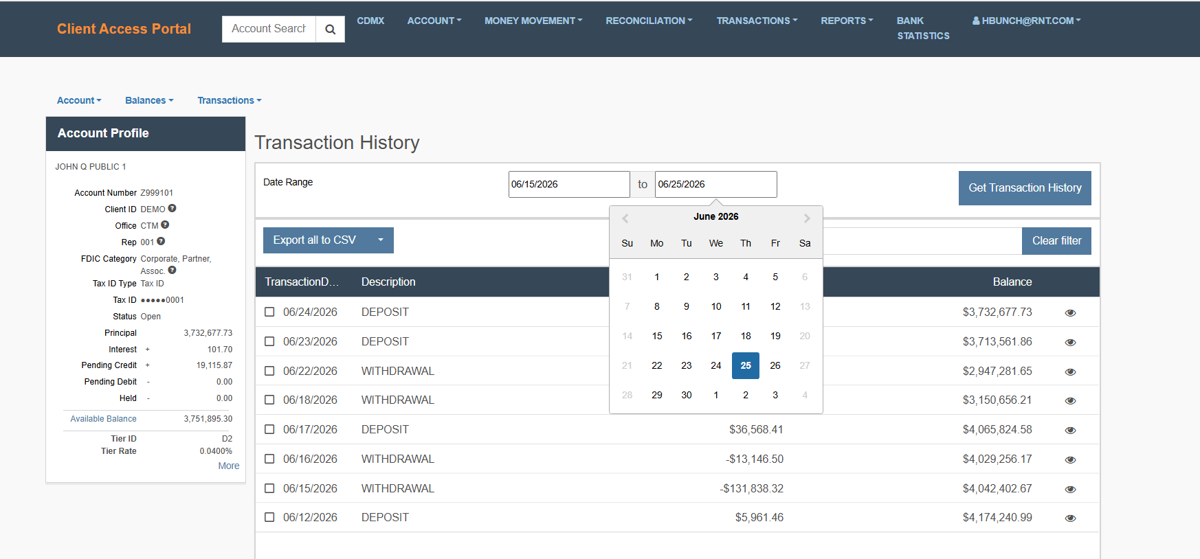 Transaction History - Select a Date