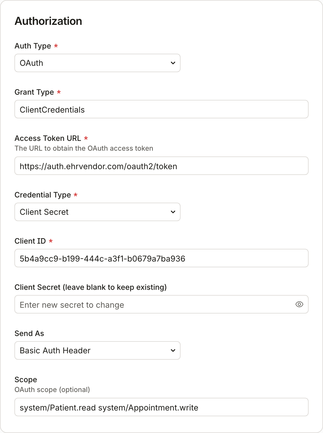 The Authorization section configured for OAuth with client credentials. The client secret is write-only after saving.