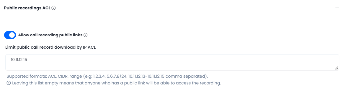 Screenshot of the Public Recordings ACL toggle