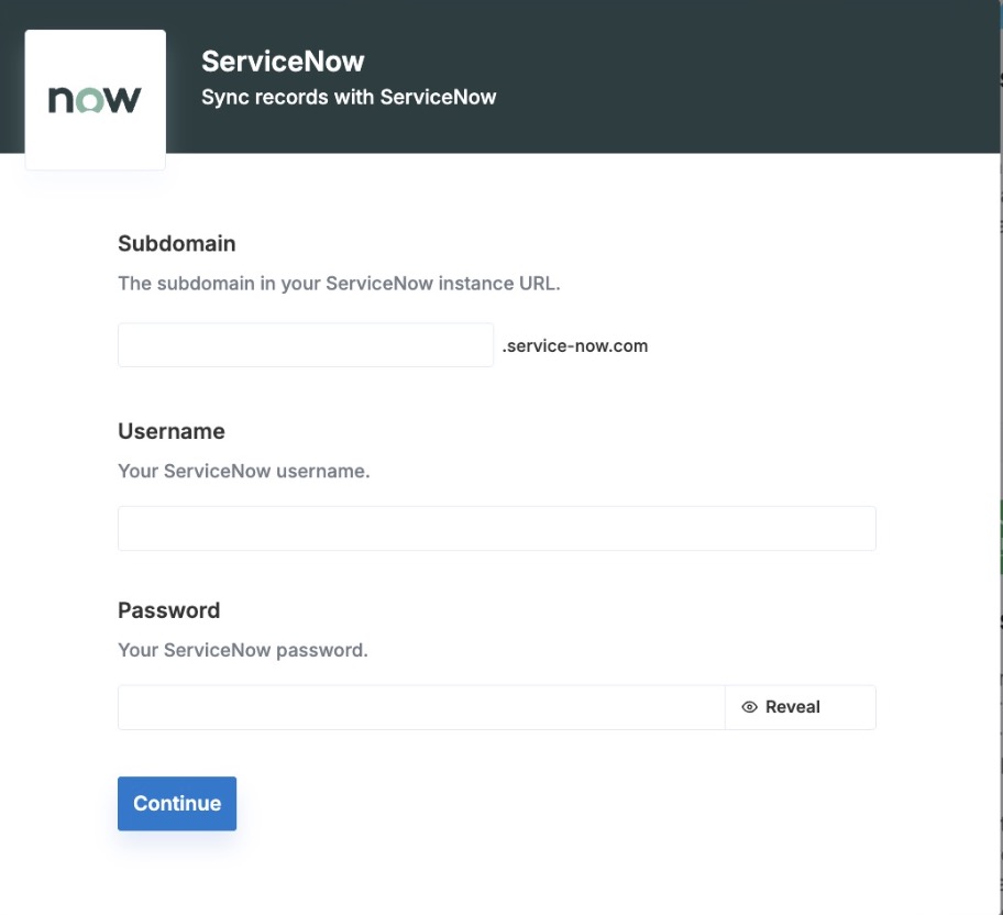 Credentials setup screen