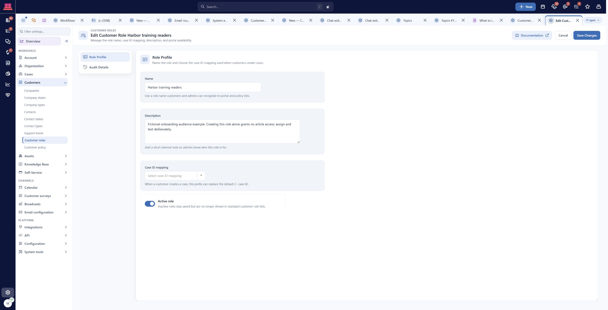 Saved Harbor training readers customer role. It is active but unassigned; creating a role does not grant article access.