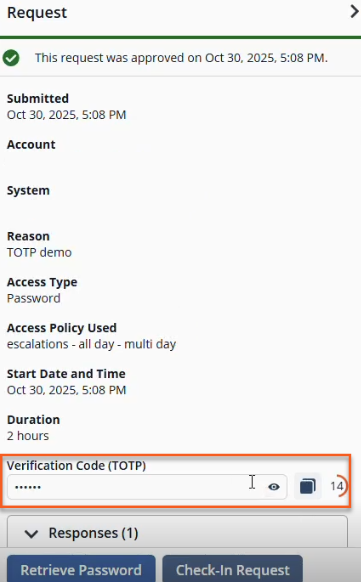 Image of a request approval page in a privileged access management system. The request shows status as approved on October 30, 2025, at 5:08 PM.