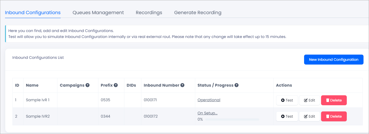 Screenshot with the Inbound Configurations tab