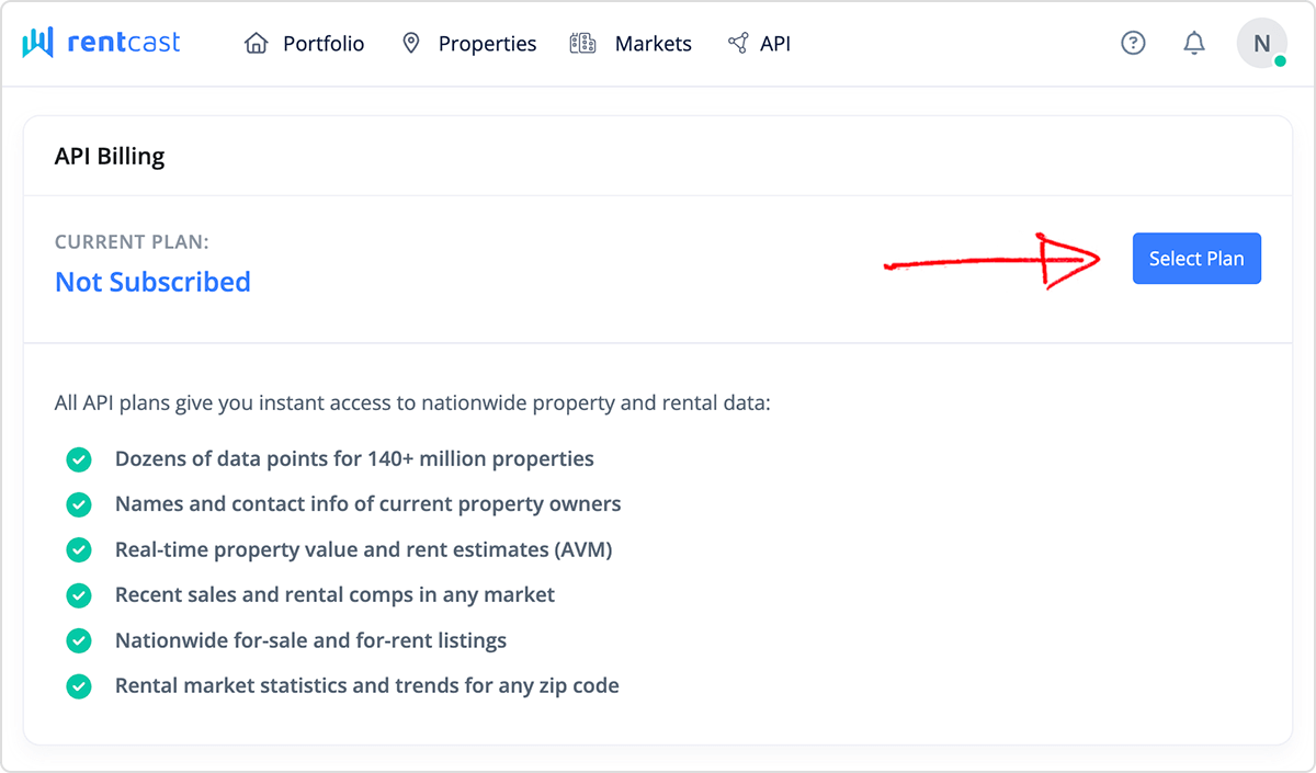 RentCast API - select a billing plan