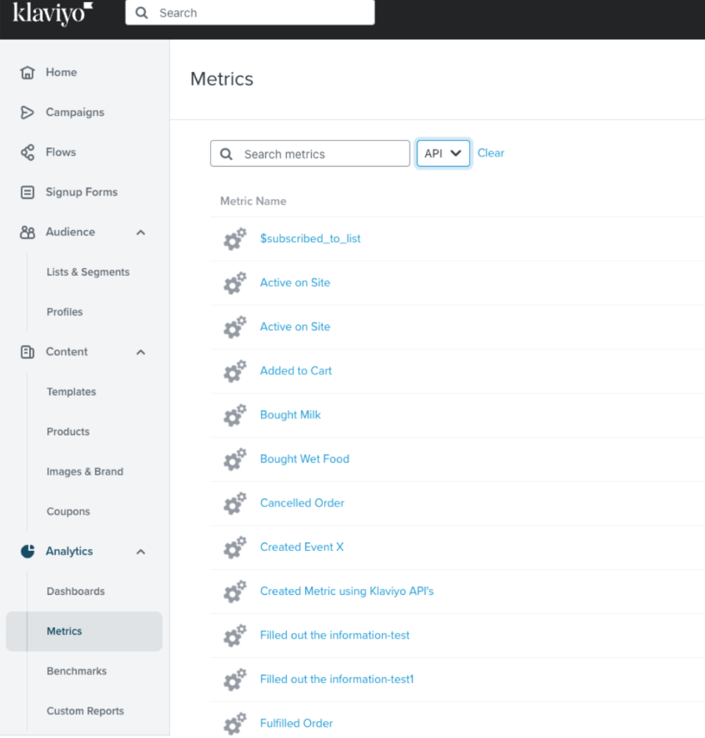 Metrics tab in Klaviyo showing list of Metrics filtered by APIt