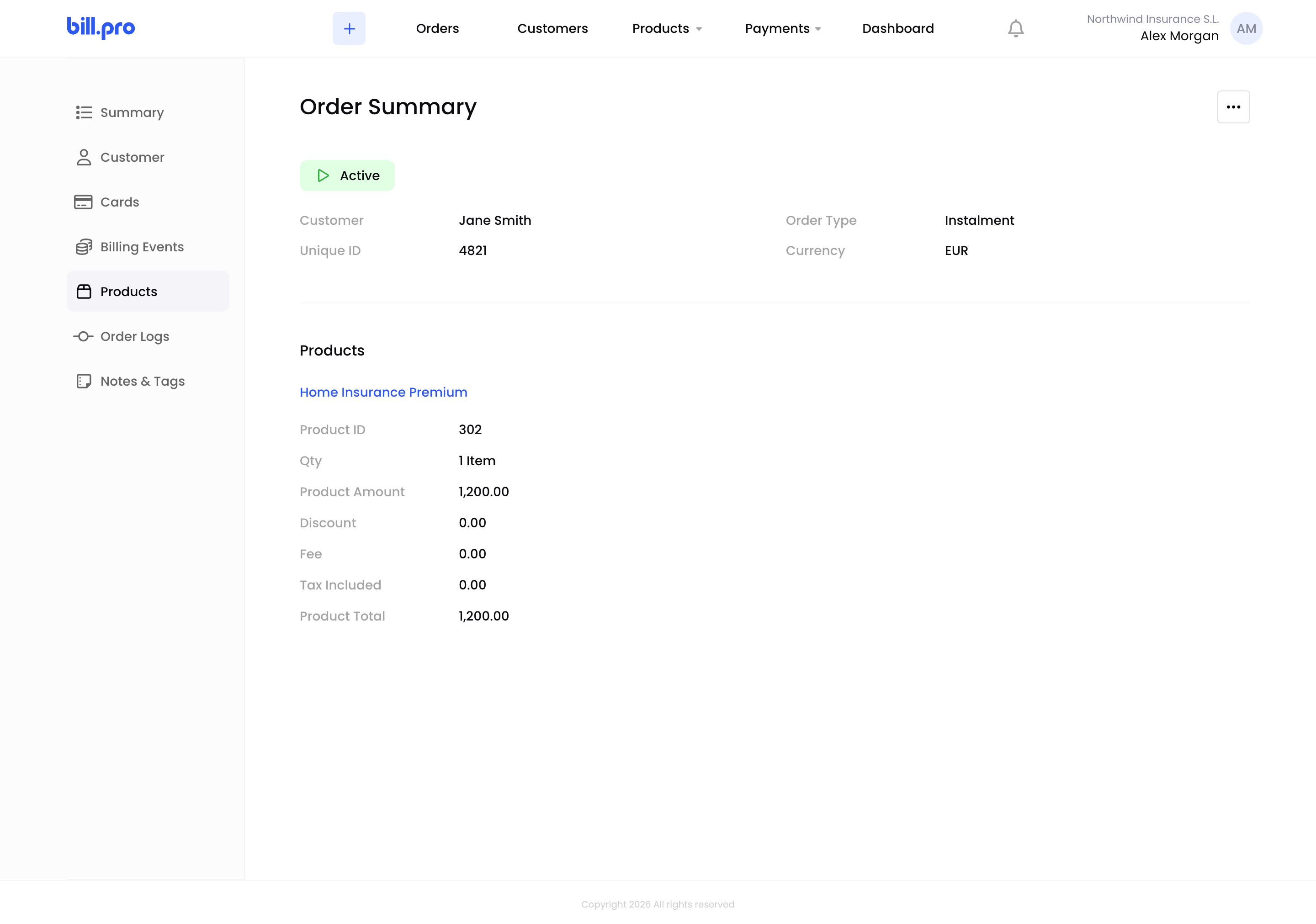 The Products tab of an order