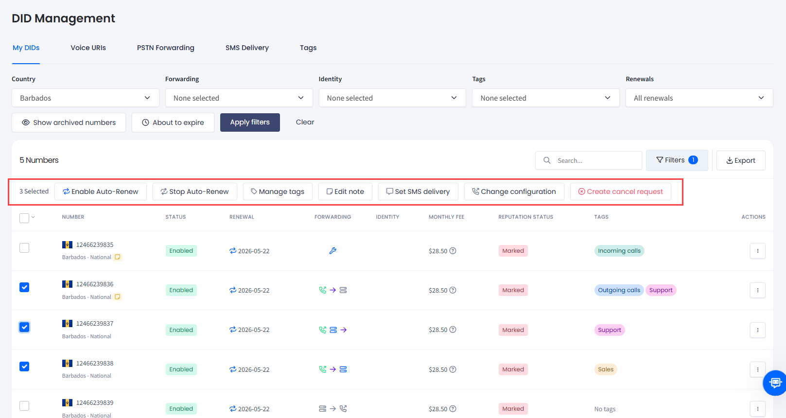 Screenshot of the multiple selection actions