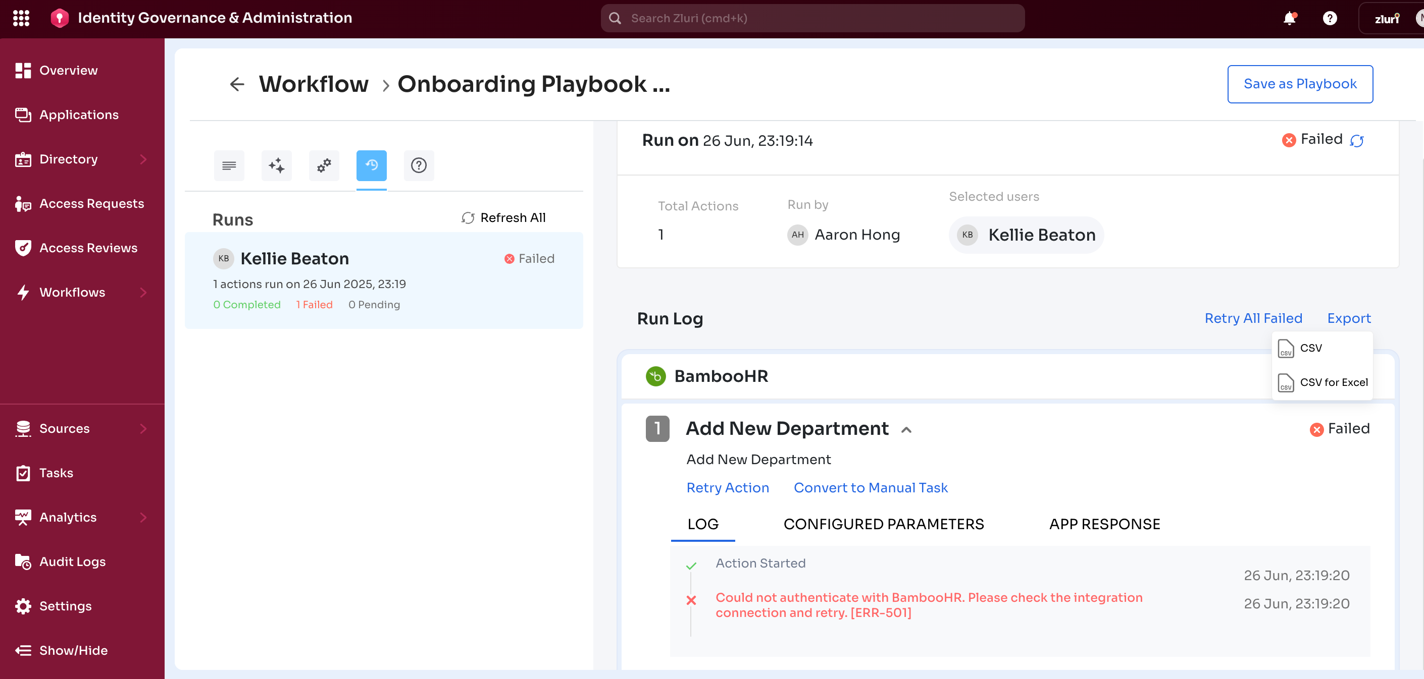 Select Export CSV to generate logs for compliance or internal reporting.