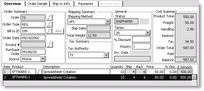 Example of a partially shippable order before invoicing when the Ship Partial, Cancel Backorders option is enabled