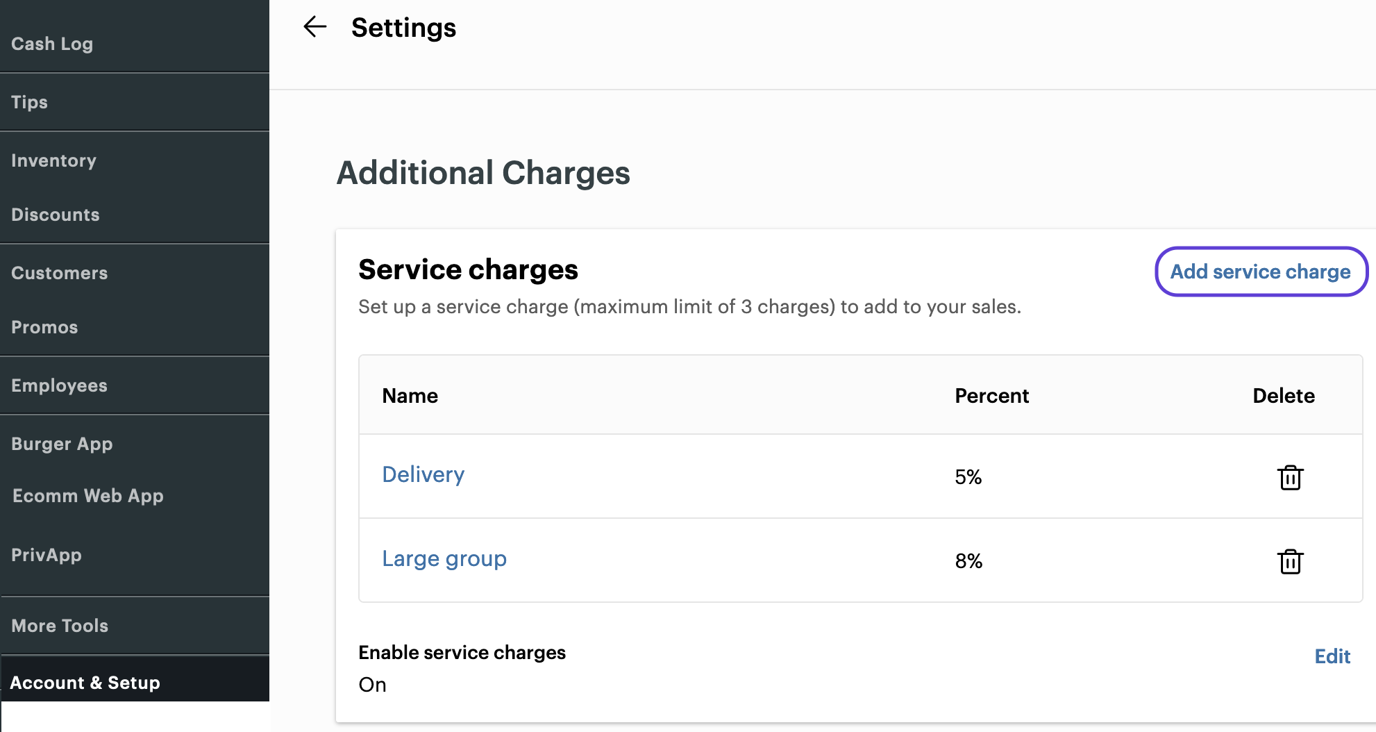 Test Merchant Dashboard—Additional charges page