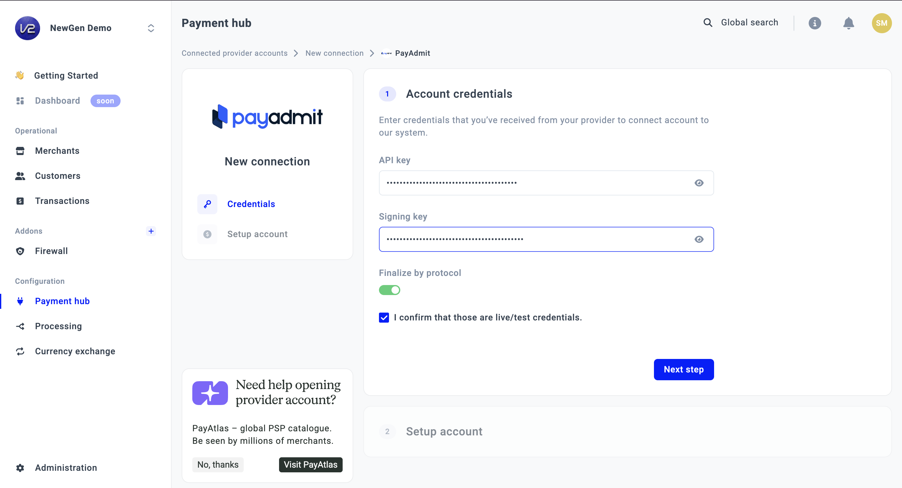 ![PayAdmit provider connection form with API key and signing key fields]