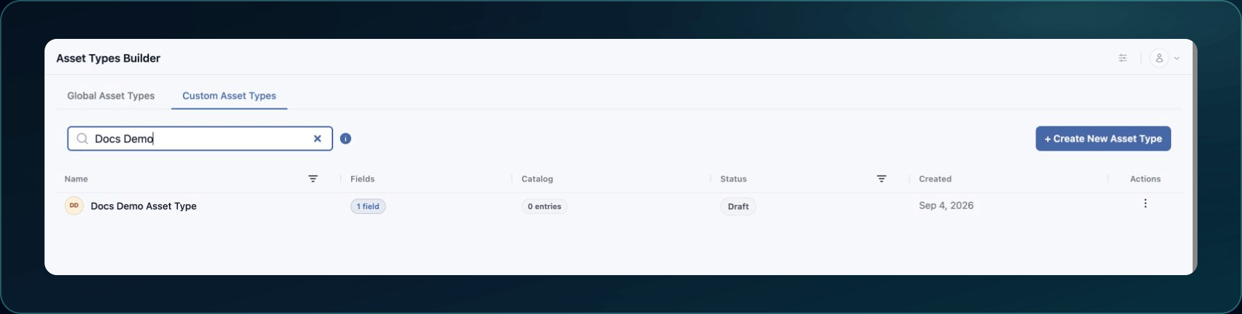 Custom Asset Type list showing the newly saved example schema with Draft status and its available actions.
