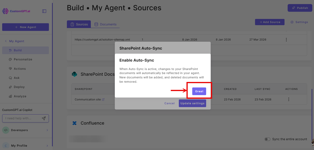 Great button to confirm auto-sync enabled on the sharepoint auto-sync modal