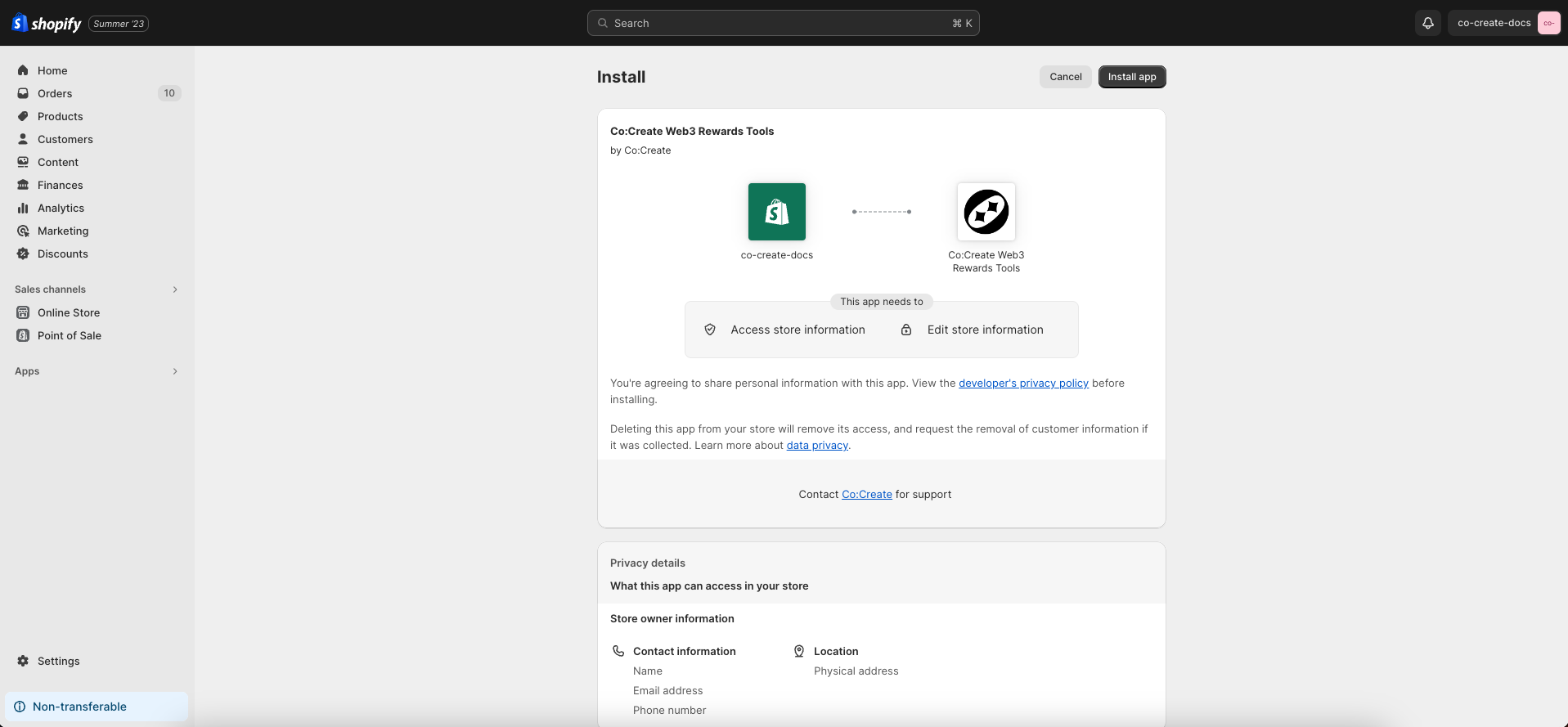 Installing the Co:Create Web3 Rewards Tools app in the Shopify Admin