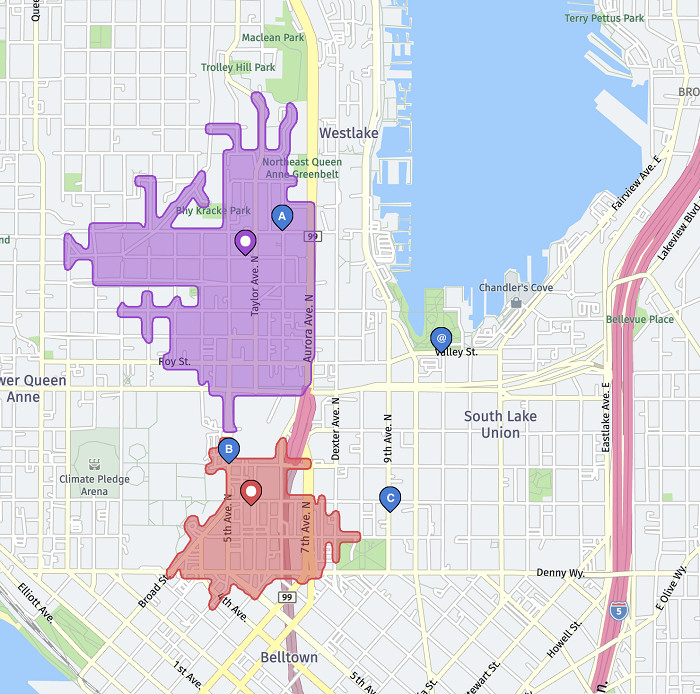 Job plan with the depot (@), three jobs (A, B, C) and exclusive territories (North in violet and South in red)