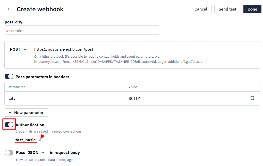 Create webhook window with the Authentication toggle enabled and the test_basic connector selected