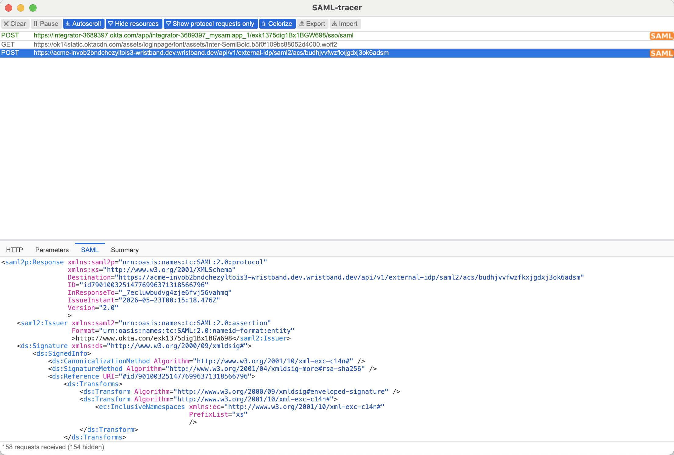 SAML-Tracer: POST to ACS URL selected with SAML tab showing decoded assertion
