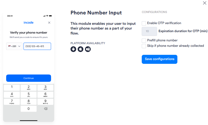 Image of the Phone Number Input configuration panel in Workflows. Has four configuration options.