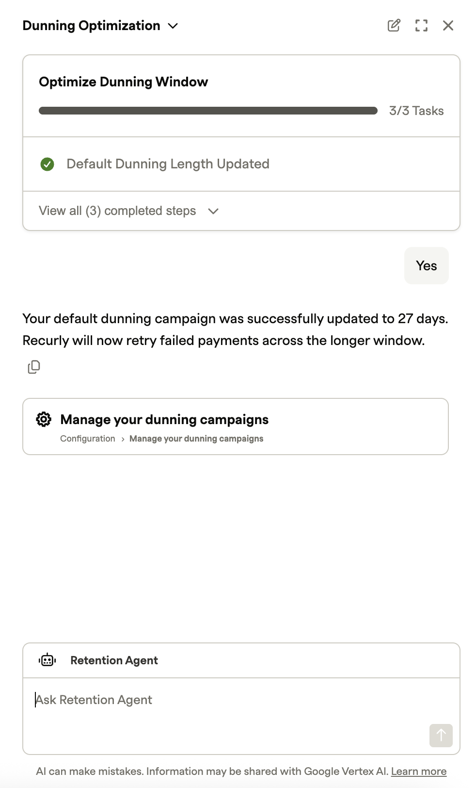 Default dunning length updated, with a link to manage dunning campaigns