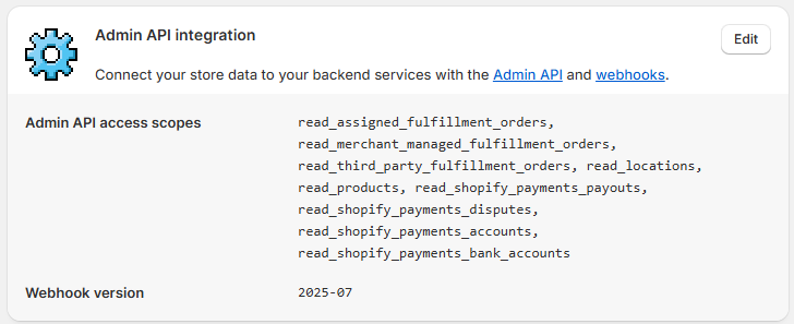  API access scopes will appear under the **Admin API integration**
