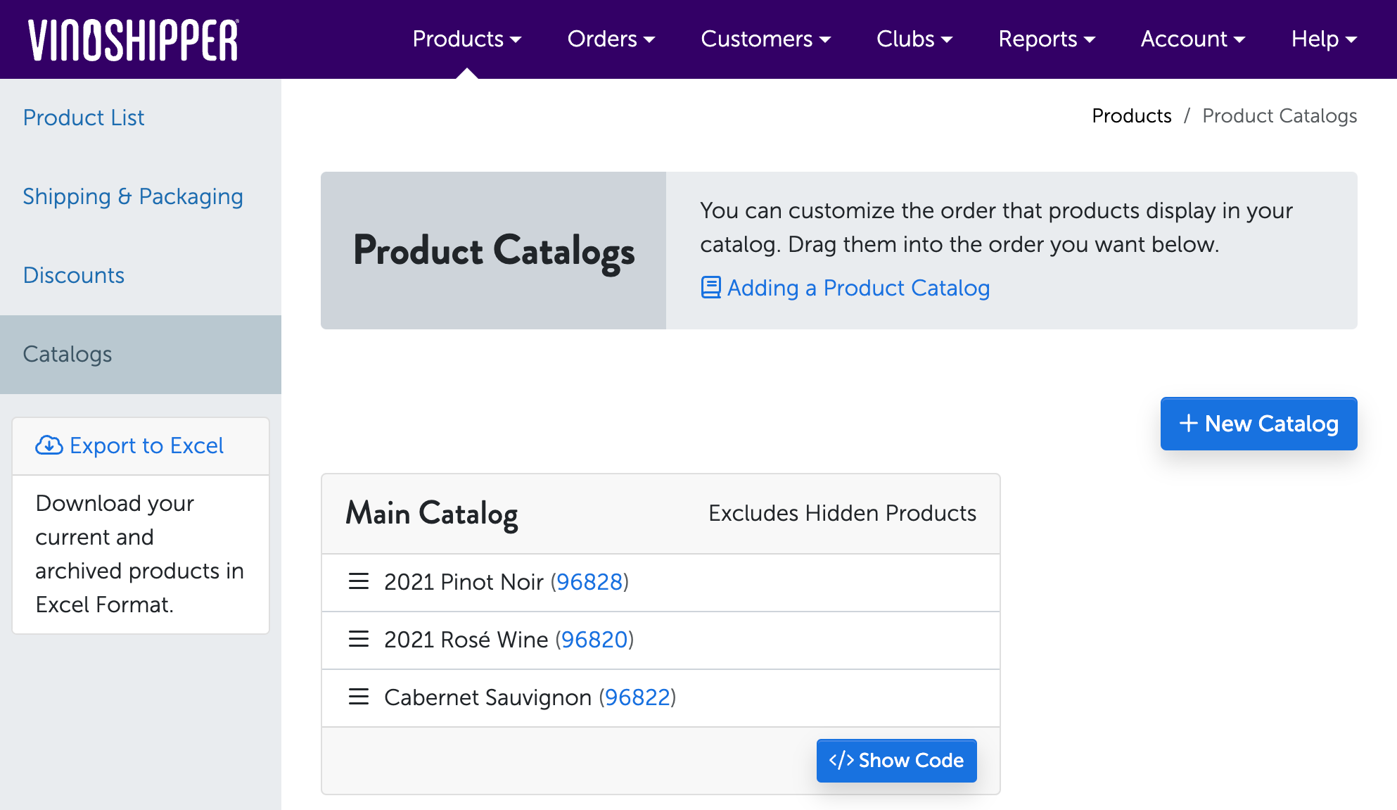 Sample view of the Producer's Product Catalog Admin