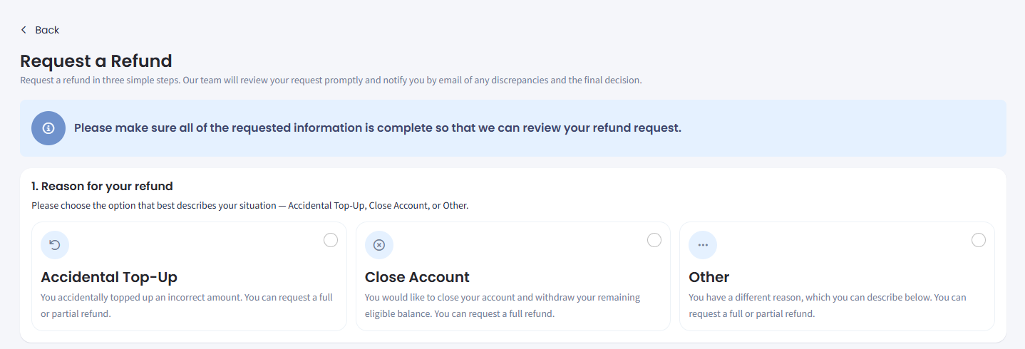 Screenshot of selecting the reason for refund request