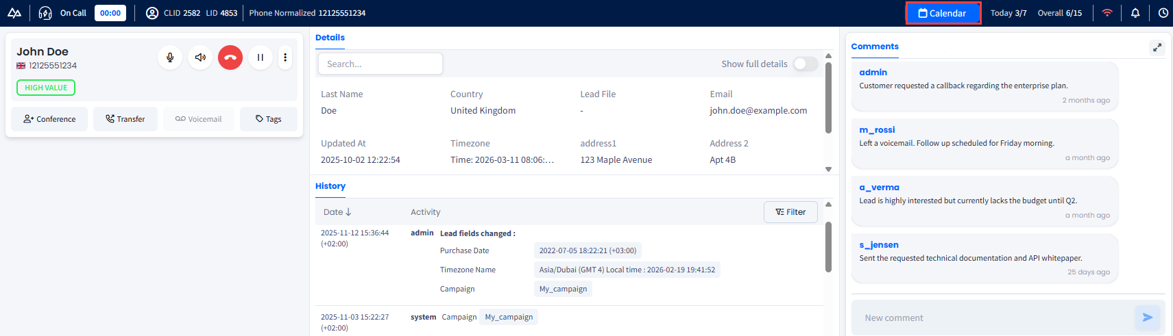 Screenshot with the Calendar button