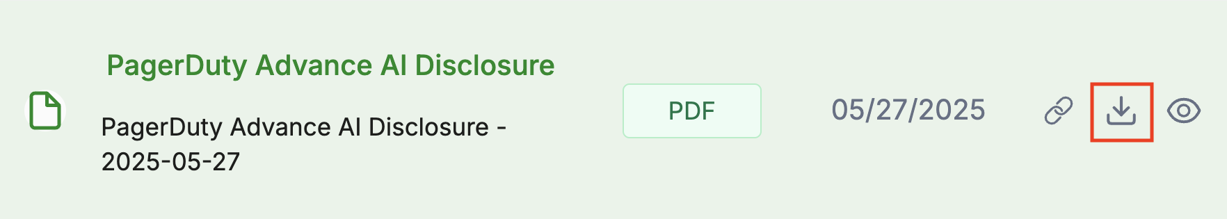 A screenshot of PagerDuty's Assurance website showing how to download the PagerDuty Advance AI Disclosure