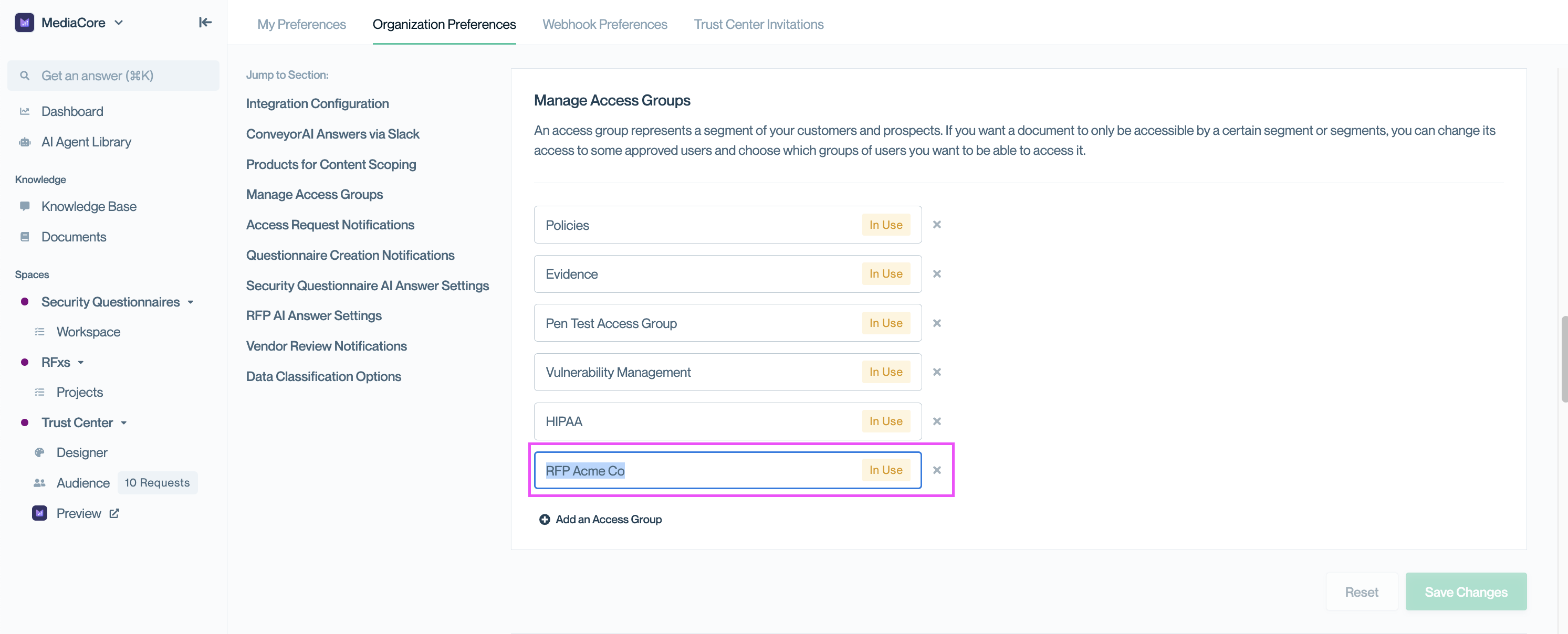 Editing an access group name in Organization Preferences.