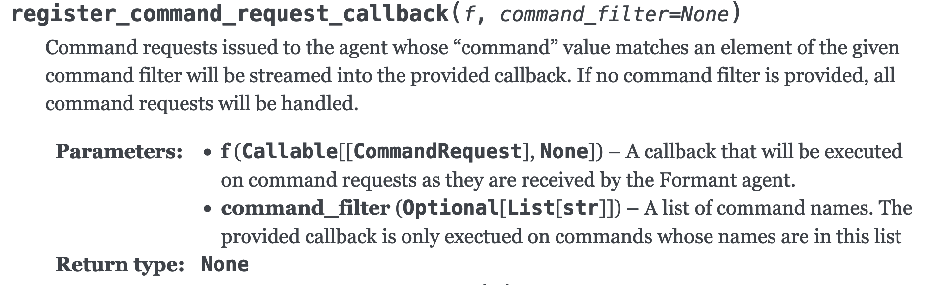 The register command request callback method in the Agent SDK reference