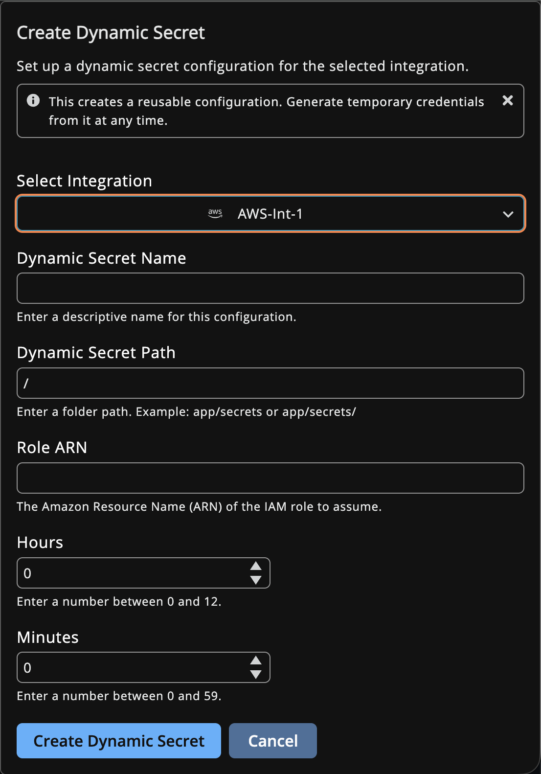 Create Dynamic Secret panel with an AWS connector selected, showing Name, Role ARN, and Duration fields.