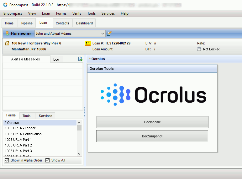 The Ocrolus Tools custom input form is selected in the Forms tab of the Loan menu. Buttons to access DocIncome and DocSnapshot are shown beneath the Ocrolus logo.