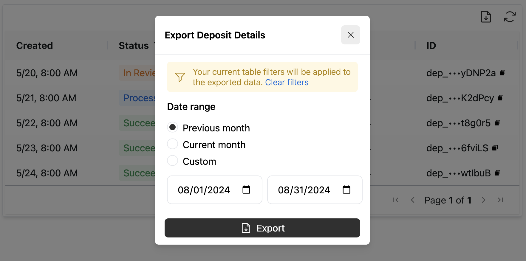 Any filters will be applied to the deposits activity report export