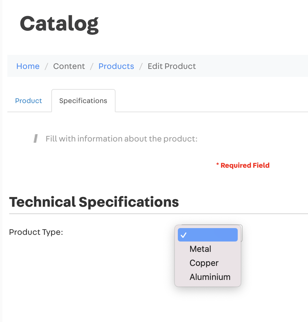 Product register page example with specification
