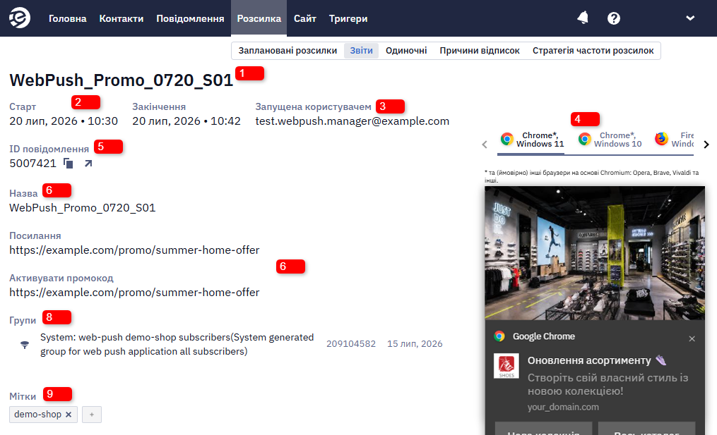 Блок Загальна інформація звіту Web Push з назвою повідомлення, датою розсилки, попереднім переглядом та ID