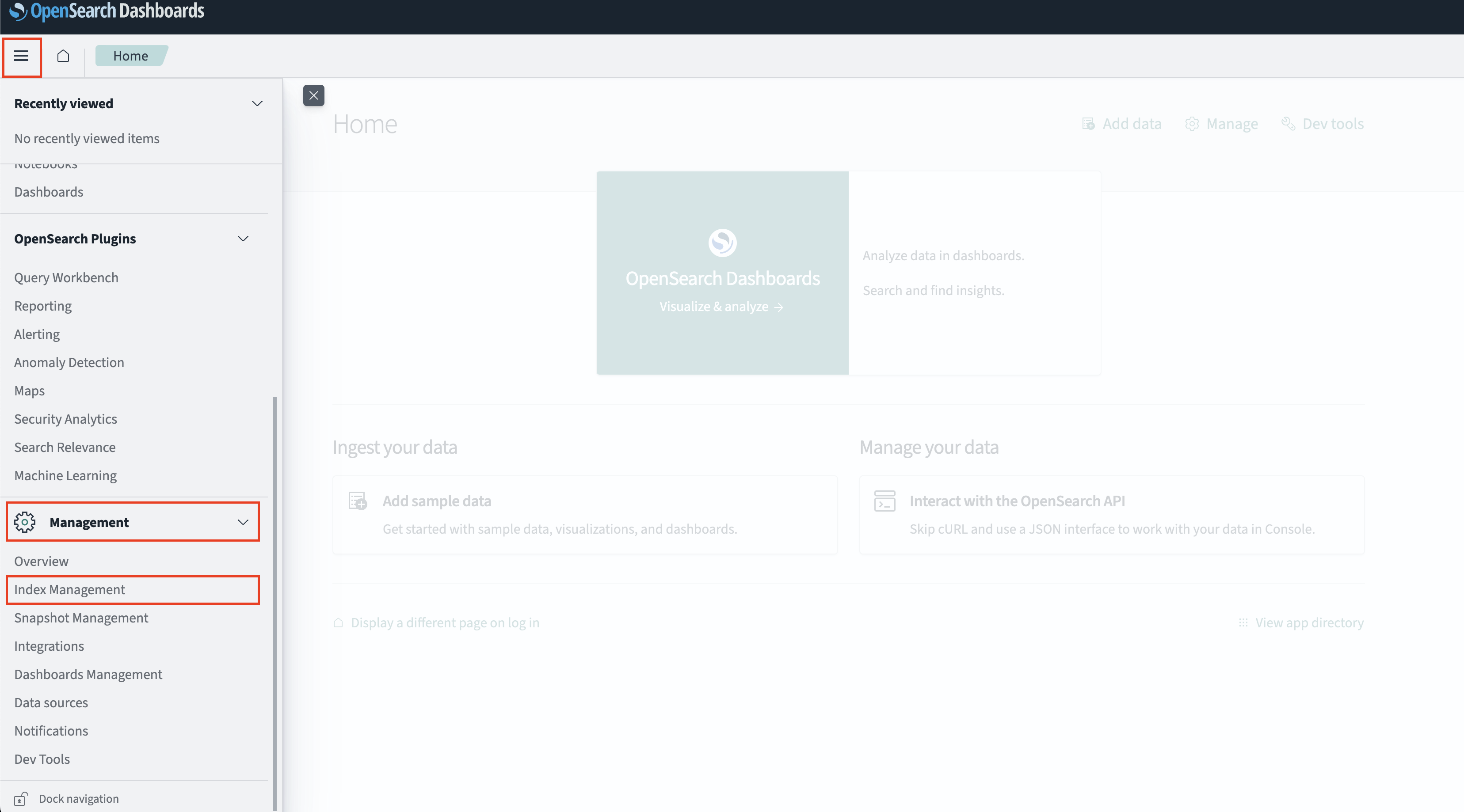 FIG. 3 - Navigating to Index Management in OpenSearch Dashboards