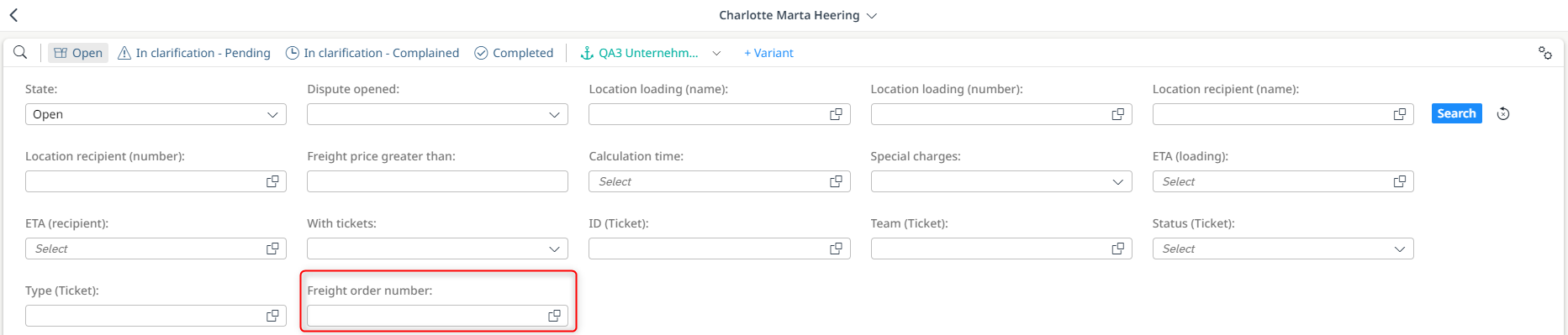 New filter option according to the freight order number