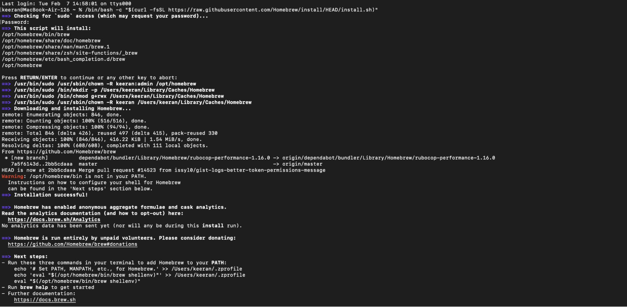 Figure 15: Installation of homebrew in a MacOS terminal.