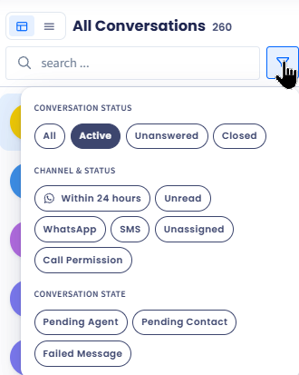 Screenshot of the conversation Filters panel
