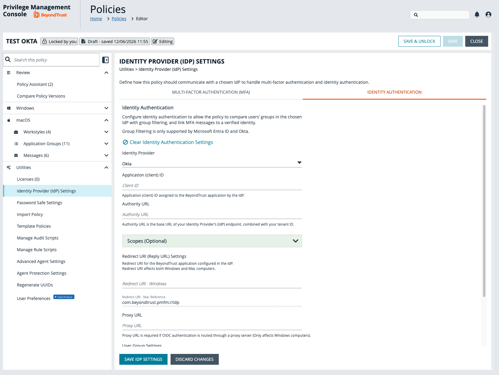 The Identity Authentication tab in the EPM Policy Editor