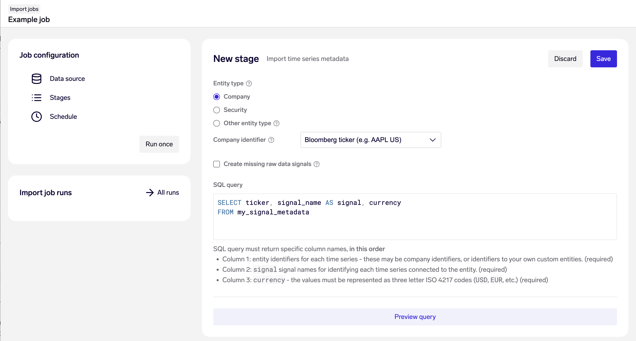 Example: Import time series metadata on company level time series, looking up companies by their Bloomberg ticker.