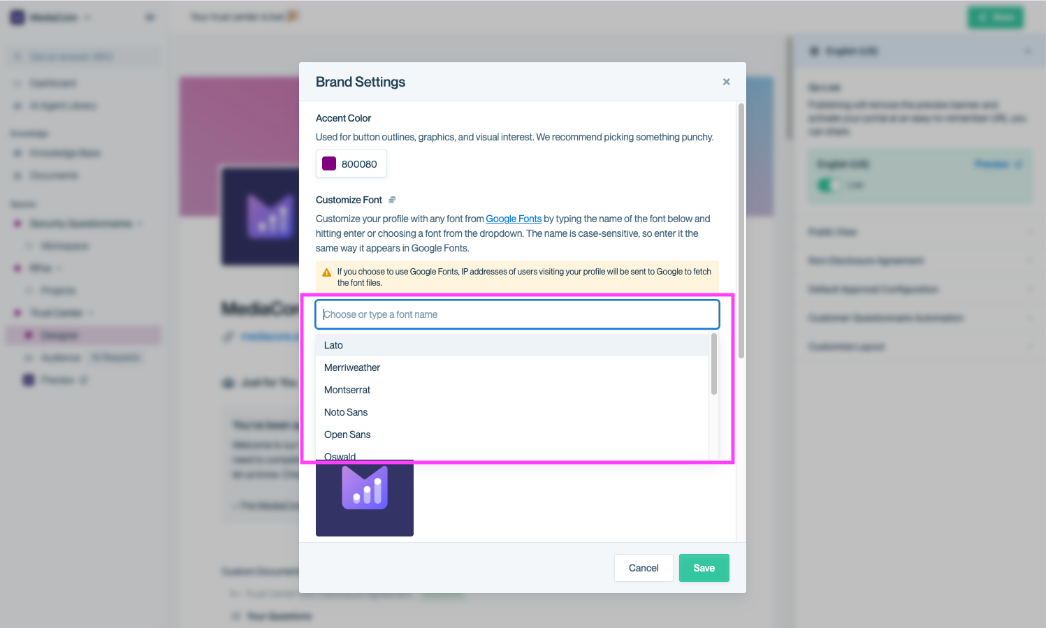 A modal window titled “Brand Settings” is open, showing an Accent Color field and a “Customize Font” dropdown. The dropdown displays a filtered list of popular fonts including Lato, Merriweather, Montserrat, Noto Sans, Open Sans, and Oswald.