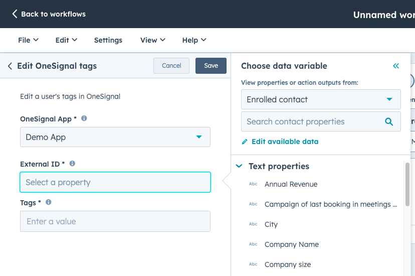 Example shows how to set the OneSignal App and External ID in the OneSignal workflow actions.