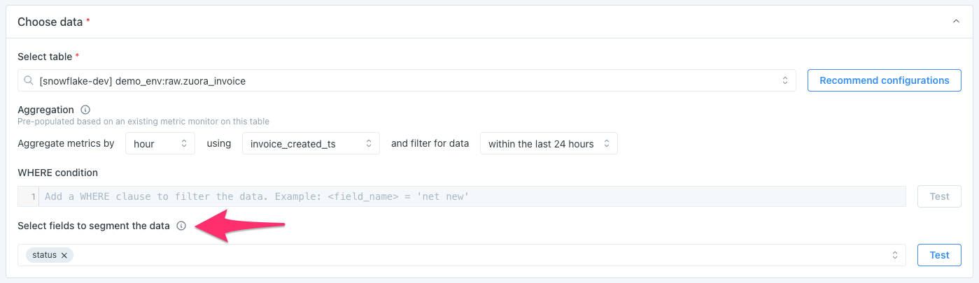 Segmentation fields are selected in the **Choose data** section of a Metric monitor.