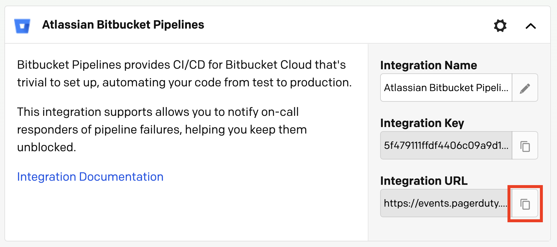 A screenshot of the PagerDuty UI showing where to copy the integration URL to your clipboard