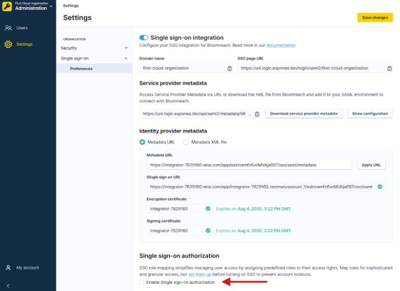 Bloomreach SSO settings with Enable Single sign-on authorization toggle highlighted.